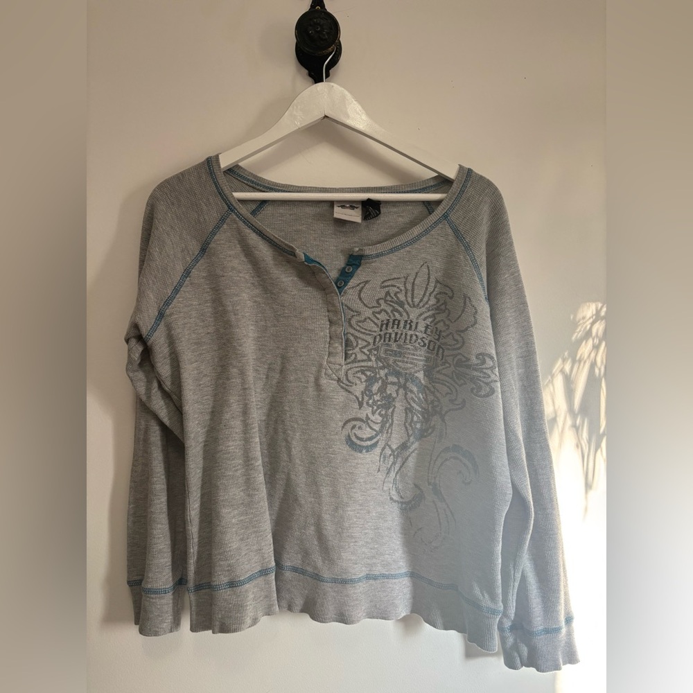 Harley-Davidson Gray and Blue Button-Up Shirt